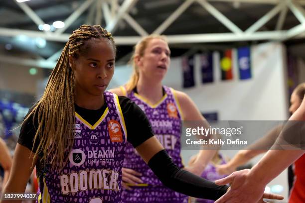 Jordin Canada of the Boomers reacts during the WNBL match between Melbourne Boomers and Perth Lynx at Melbourne Sports Centres - Parkville, on...