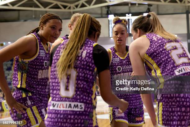 Boomers huddle during the WNBL match between Melbourne Boomers and Perth Lynx at Melbourne Sports Centres - Parkville, on December 03 in Melbourne,...