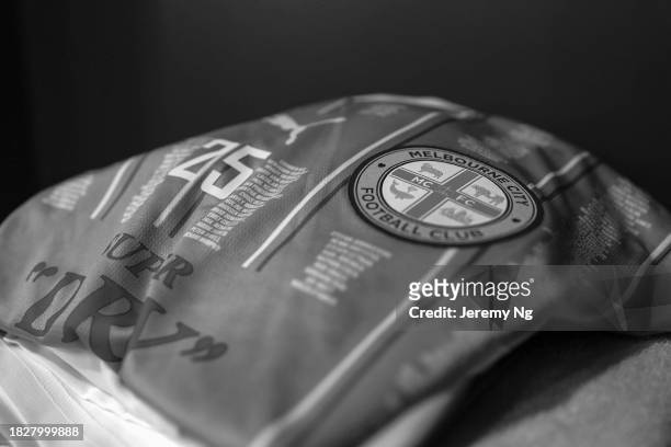 Playing strip for Melbourne City is seen in the changeroom prior to the A-League Men round six match between Newcastle Jets and Melbourne City at...
