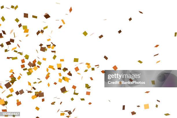 autumn colored confetti falling, isolated on white - paper falling stock pictures, royalty-free photos & images