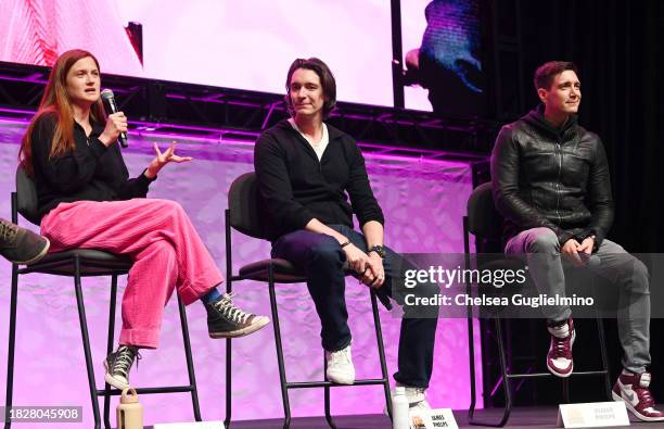 Bonnie Wright, James Phelps and Oliver Phelps speak onstage during the "Harry Potter" panel at Los Angeles Comic Con at Los Angeles Convention Center...