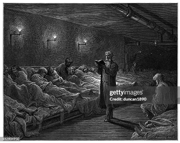 victorian london - scripture reader in a night refuge - dormitory stock illustrations