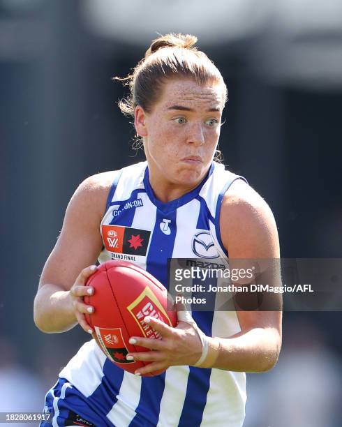 Mia King of the Kangaroos in action during the AFLW Grand Final match between North Melbourne Tasmania Kangaroos and Brisbane Lions at Ikon Park, on...