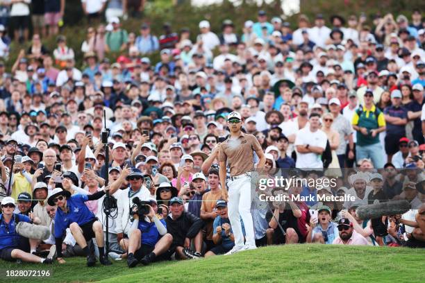 Min Woo Lee of Australia plays a shot on the 18th hole during the ISPS HANDA Australian Open at The Australian Golf Course on December 03, 2023 in...