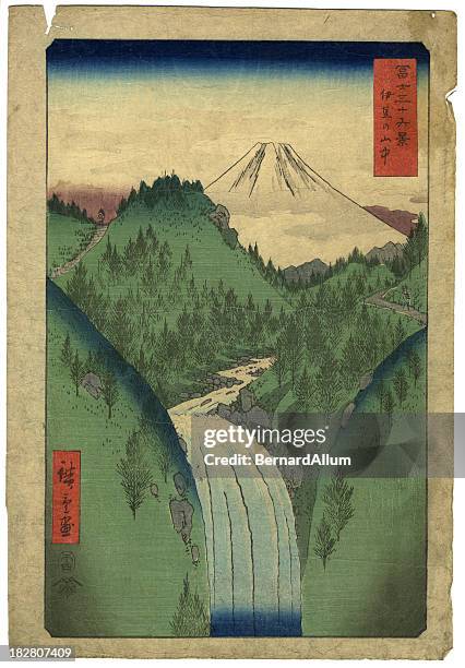 japanese woodblock print of mount fuji - volcanic landscape stock illustrations