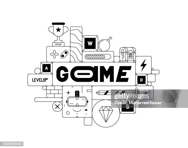 vektorillustration des spielkonzepts. spieltext und illustrationen von spielbezogenen objekten um das spiel herum. lustiges spielkonzept, das in präsentationscovern, werbebildern, social-media-inhalten oder t-shirt-drucken verwendet werden kann. - tshirt icon stock-grafiken, -clipart, -cartoons und -symbole