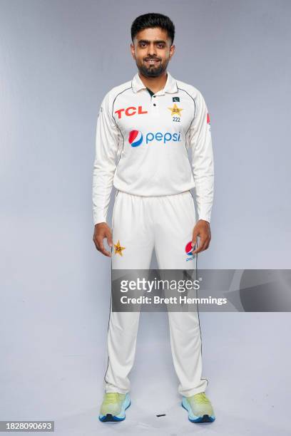 Mohammad Babar Azam poses during the Pakistan 2023-24 Australian Tour Test squad headshots session on December 02, 2023 in Canberra, Australia.