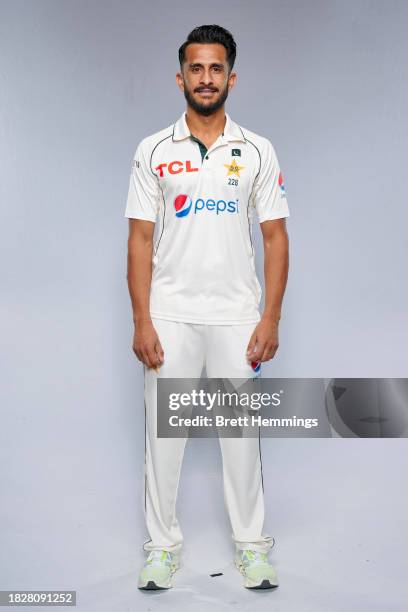 Hassan Ali poses during the Pakistan 2023-24 Australian Tour Test squad headshots session on December 02, 2023 in Canberra, Australia.