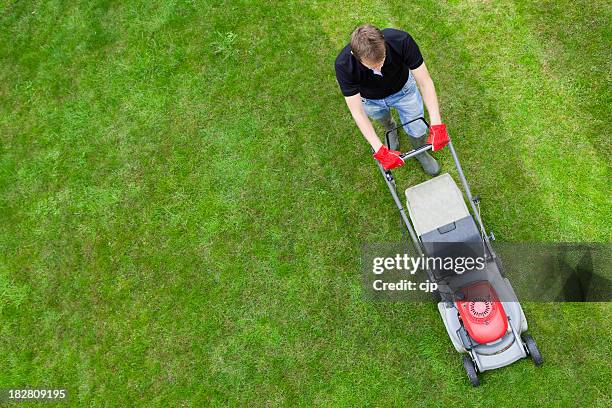 aerial view of man on green lawn with push mower - gazon stockfoto's en -beelden