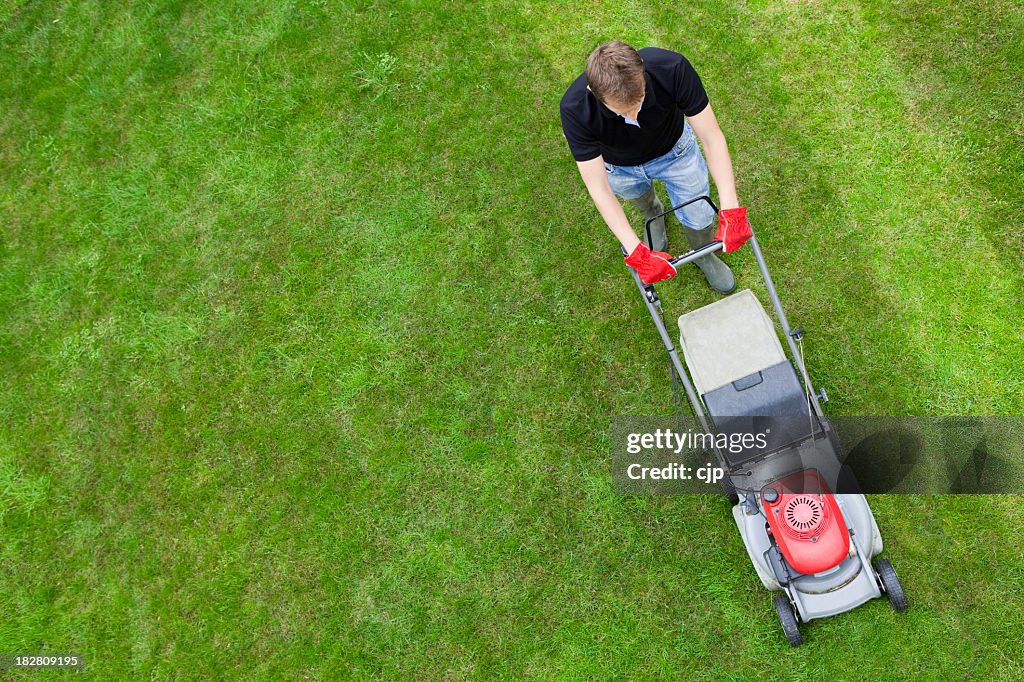 Aerial view of man on green lawn with push mower