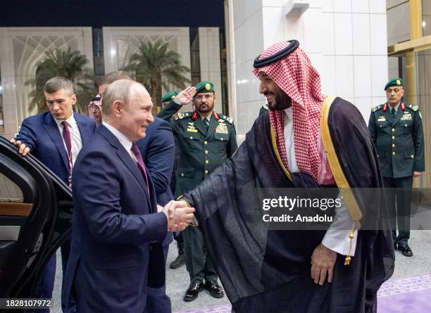 Saudi Arabian Crown Prince Mohammed bin Salman welcomes Russian President Vladimir Putin at Al Yamamah Palace in Riyadh, Saudi Arabia on December 06,...