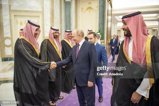 Saudi Arabian Crown Prince Mohammed bin Salman welcomes Russian President Vladimir Putin at Al Yamamah Palace in Riyadh, Saudi Arabia on December 06,...