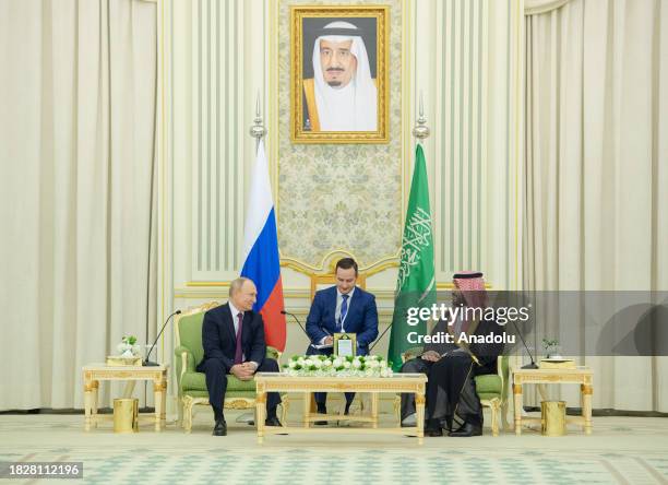 Saudi Arabian Crown Prince Mohammed bin Salman meets with Russian President Vladimir Putin at Al Yamamah Palace in Riyadh, Saudi Arabia on December...