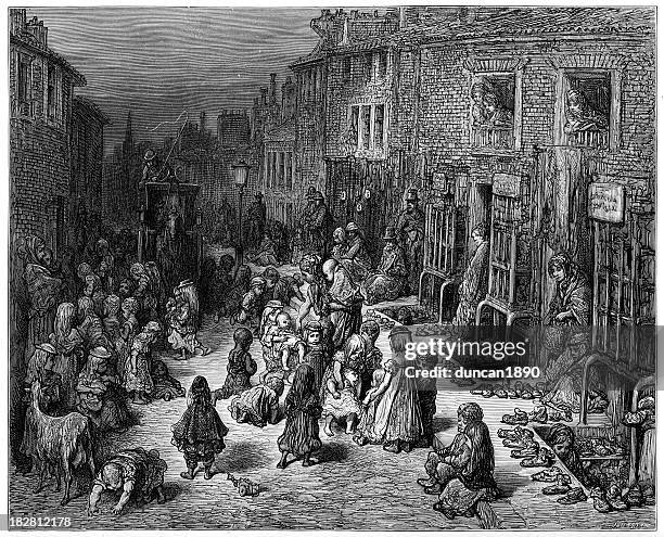 victorian london - dudley street, seven dials - child poverty stock illustrations