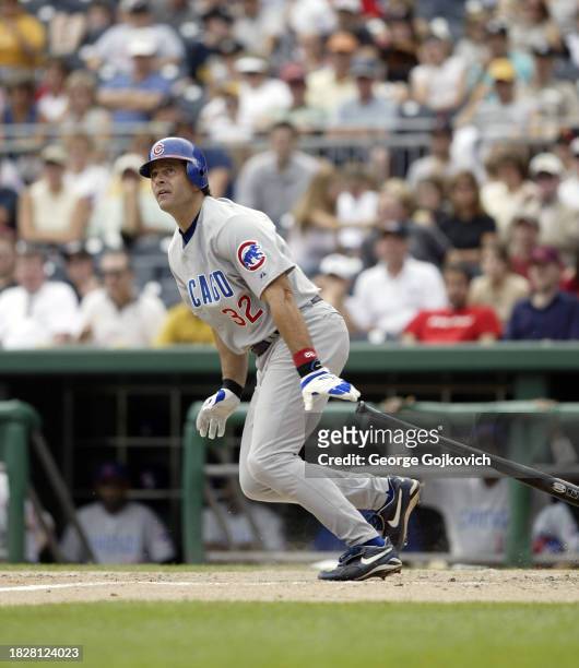 Eric Karros of the Chicago Cubs bats against the Pittsburgh Pirates during a game at PNC Park on September 21, 2003 in Pittsburgh, Pennsylvania. The...