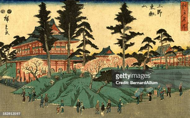 stockillustraties, clipart, cartoons en iconen met japanese woodblock city scene print by hiroshige - japanese ethnicity