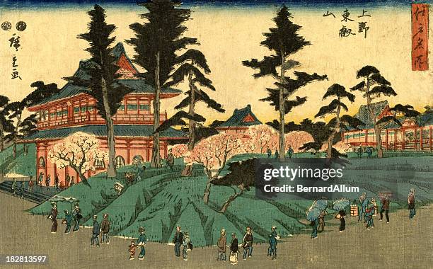 japanese woodblock city scene print by hiroshige - woodcut illustration stock illustrations