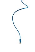 Hanging down blue network cable on white