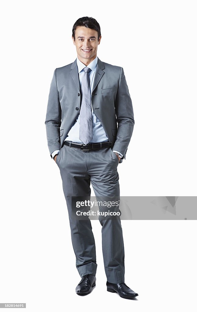 Full length portrait of a successful business man on white