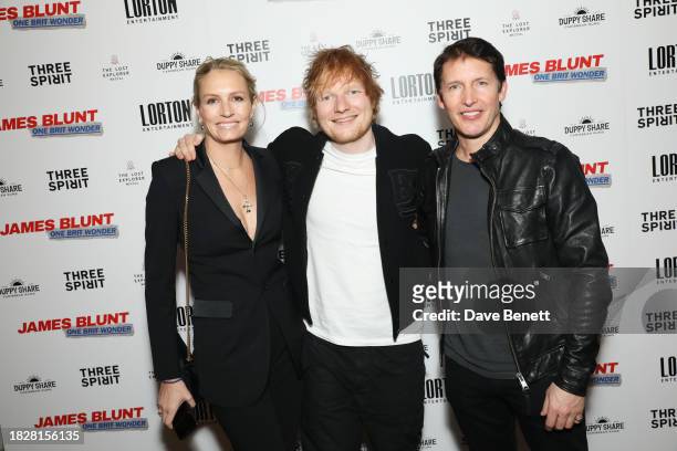 Sofia Blunt, Ed Sheeran and James Blunt attend the premiere screening of "James Blunt: One Brit Wonder" at Picturehouse Central on December 6, 2023...