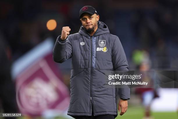 Vincent Kompany, Manager of Burnley, celebrates victory after the Premier League match between Burnley FC and Sheffield United at Turf Moor on...