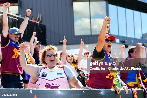 Lions fans show their support during the AFLW Grand Final match between North Melbourne Tasmania Kangaroos and Brisbane Lions at Ikon Park, on...