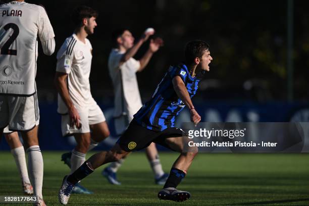 Thomas Berenruch of FC Internazionale U19 celebrates after scoring the first goal during the Primavera 1 match between FC Internazionale U19 and AS...