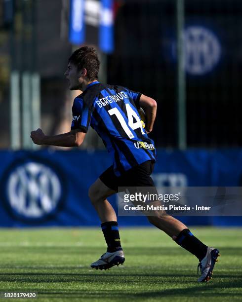 Thomas Berenruch of FC Internazionale U19 celebrates after scoring the first goal during the Primavera 1 match between FC Internazionale U19 and AS...