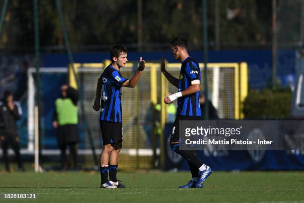 Thomas Berenruch of FC Internazionale U19 celebrates after scoring the first goal with Aleksandar Stankovic of FC Internazionale U19 during the...