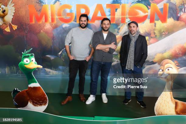 Guylo Homsy,Pio Marmaï and Benjamin Renner attend the "Migration" Premiere at Cinema UGC Normandie on December 03, 2023 in Paris, France.