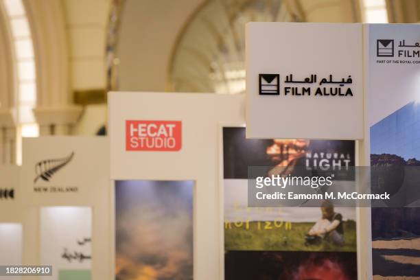 Advertisement boards displaying different vendors and films at the Red Sea International Film Festival 2023 on December 03, 2023 in Jeddah, Saudi...
