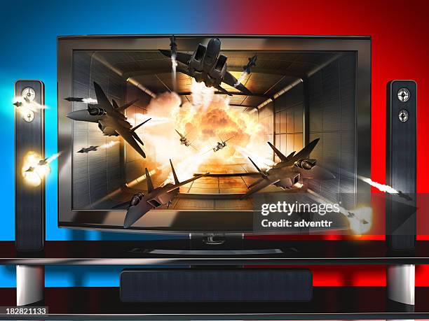3d lcd tv - movie explosion stockfoto's en -beelden