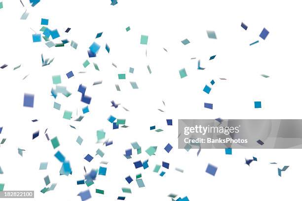 blue and green confetti falling, isolated on white - blue confetti stockfoto's en -beelden