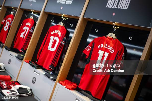 General View of Manchester United kit in the home dressing room prior to the Premier League match between Manchester United and Chelsea FC at Old...