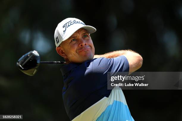 Louis de Jager of South Africa tees off on the second hole during day four of the Investec South African Open Championship at Blair Atholl Golf &...