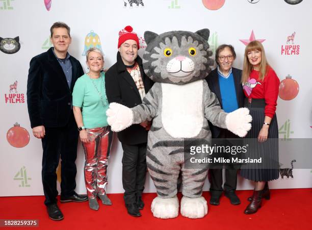 Robin Shaw, Ruth Fielding, David Arnold, Mog, Don Black and Camilla Deakin attend the premiere of Channel 4's "Mog's Christmas" at the Odeon Luxe...