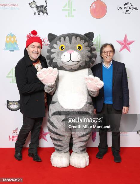 David Arnold, Mog and Don Black attend the premiere of Channel 4's "Mog's Christmas" at the Odeon Luxe Leicester Square on December 03, 2023 in...