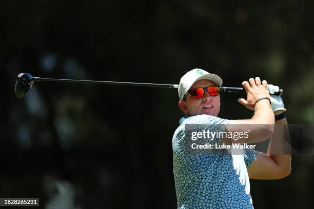 Dean Bermester of South Africa tees off on the second hole during day four of the Investec South African Open Championship at Blair Atholl Golf &...