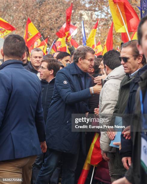 El presidente del Partido Popular, Alberto Nuñez Feijoo , durante un acto del PP contra la amnistia, en el Templo de Debod, a 3 de diciembre de 2023,...