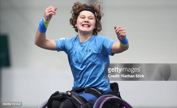 Matthew Knoesen of Great Britain celebrates after beating Chris Hghes during the Wheelchair Tennis National Finals 2023 at The Shrewsbury Club on...