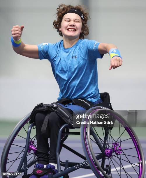 Matthew Knoesen of Great Britain celebrates after beating Chris Hughes during the Wheelchair Tennis National Finals 2023 at The Shrewsbury Club on...