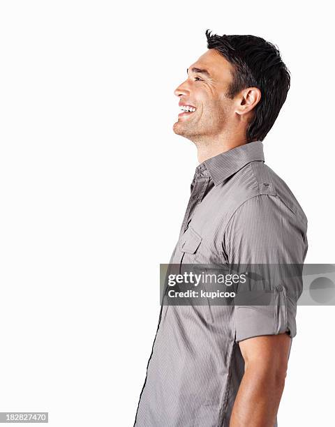 perfil de un sonriente hombre de mediana edad contra blanco - mid adult men fotografías e imágenes de stock