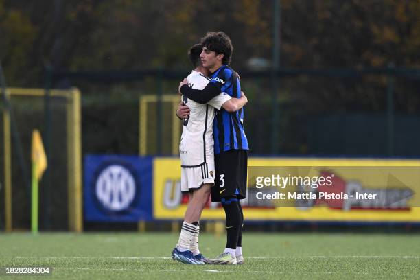 Matteo Cocchi of FC Internazionale U19 embraces after the Primavera 1 match between FC Internazionale U19 and AS Roma U19 at Konami Youth Development...