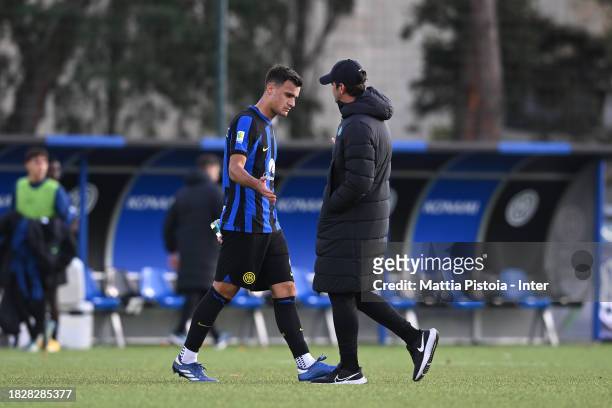 Aleksandar Stankovic of FC Internazionale U19 embraces Head Coach Cristian Chivu of FC Internazionale U19 after the Primavera 1 match between FC...