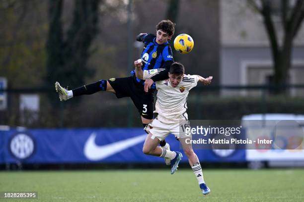 Matteo Cocchi of FC Internazionale U19 in action with Mattia Mannini of AS Roma U19 during the Primavera 1 match between FC Internazionale U19 and AS...