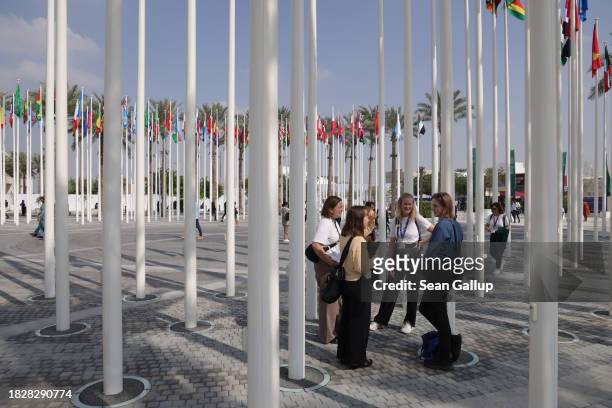 Participants from Norway stand under flagpoles as they attend day four of the UNFCCC COP28 Climate Conference at Expo City Dubai on December 03, 2023...
