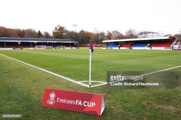 Detailed view of a corner flag and the Emirates FA Cup board prior to the Emirates FA Cup Second Round match between Aldershot Town and Stockport...