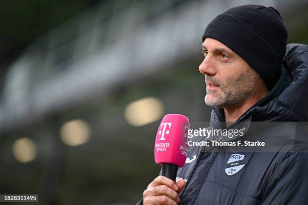 Head coach Alexander Ende of Verl gives an interview prior to the 3. Liga match between SC Verl and Dynamo Dresden at SPORTCLUB Arena on December 03,...