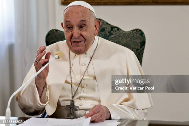 Pope Francis delivers his Sunday Angelus blessing from his residence at the Casa Santa Marta on December 03, 2023 in Vatican City, Vatican. Pope...