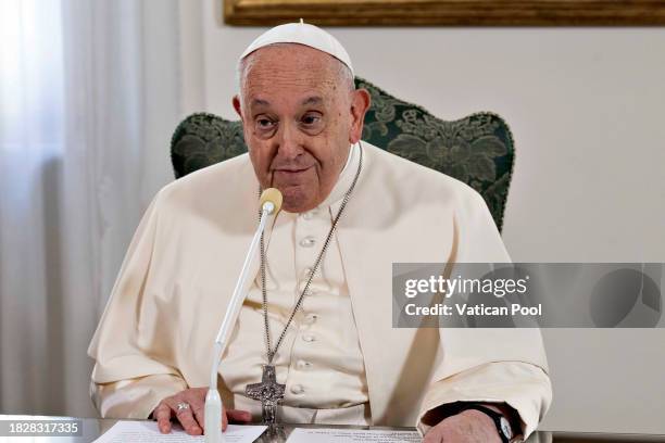 Pope Francis delivers his Sunday Angelus blessing from his residence at the Casa Santa Marta on December 03, 2023 in Vatican City, Vatican. Pope...